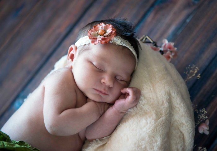 sleeping pose newborn portrait vintage gold flower lace headband