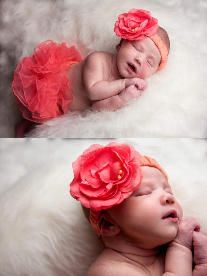 newborn girl in tangerine ruffled skirt with matching flower headband